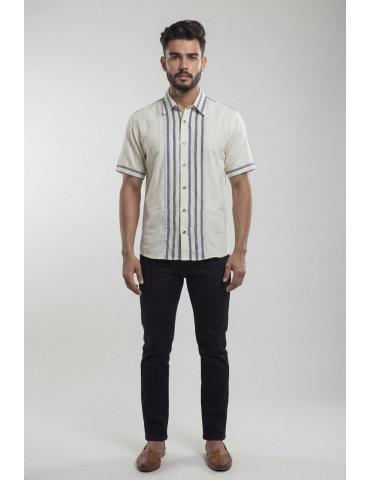 Ikkat Handloom Off-White Cotton Grey Mens Shirt
