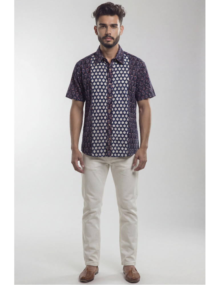 Hand Block Print Navi Blue Floral Color Mens Shirt