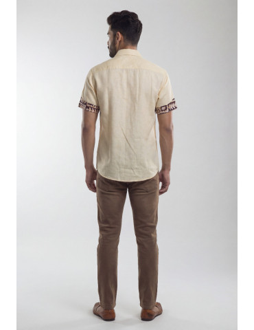 Pure Brown Bandheni Patch on Khadi Cotton Lite Yellow Mens Shirt
