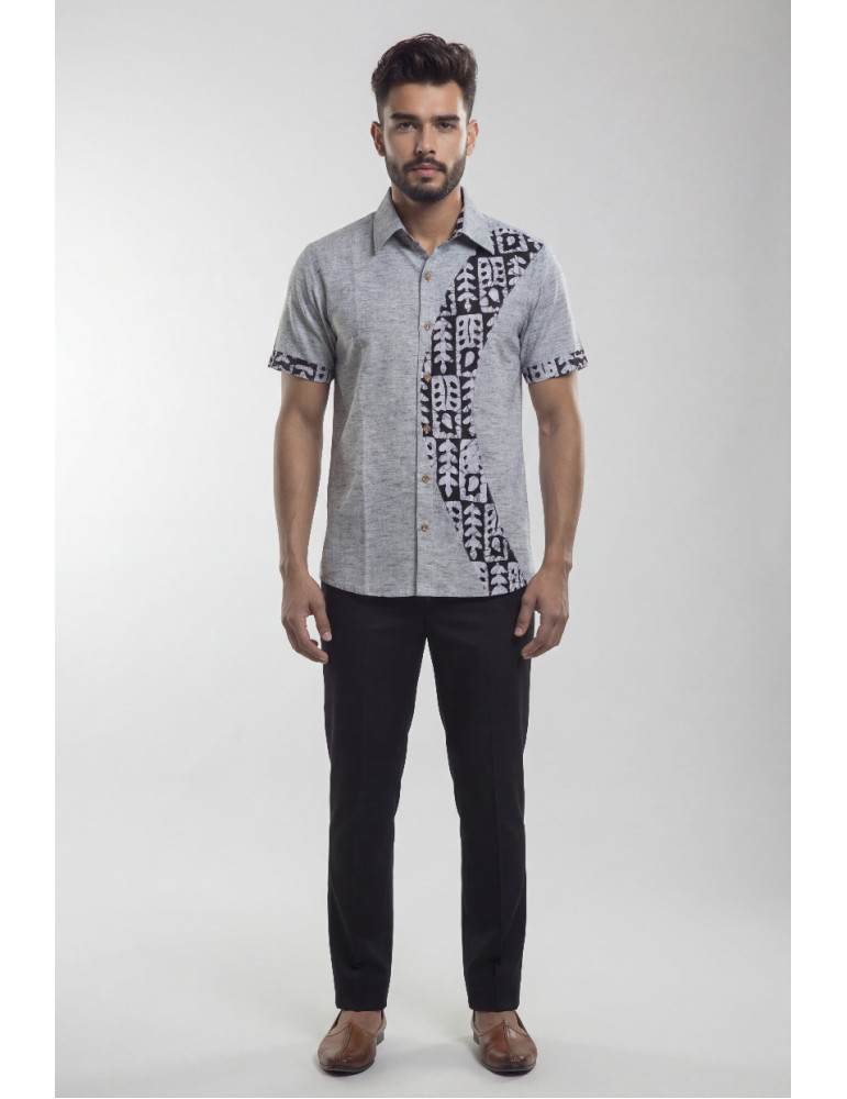 Pure Blue Batik Patch on Khadi Cotton Lite Yellow Mens Shirt