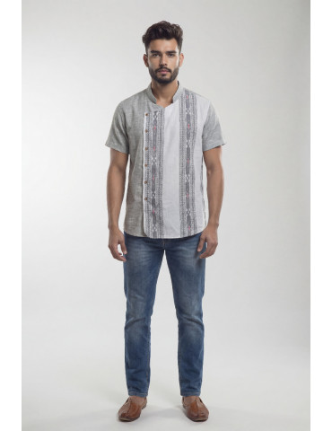 Men Grey White Cotton Handloom Designer Shirt