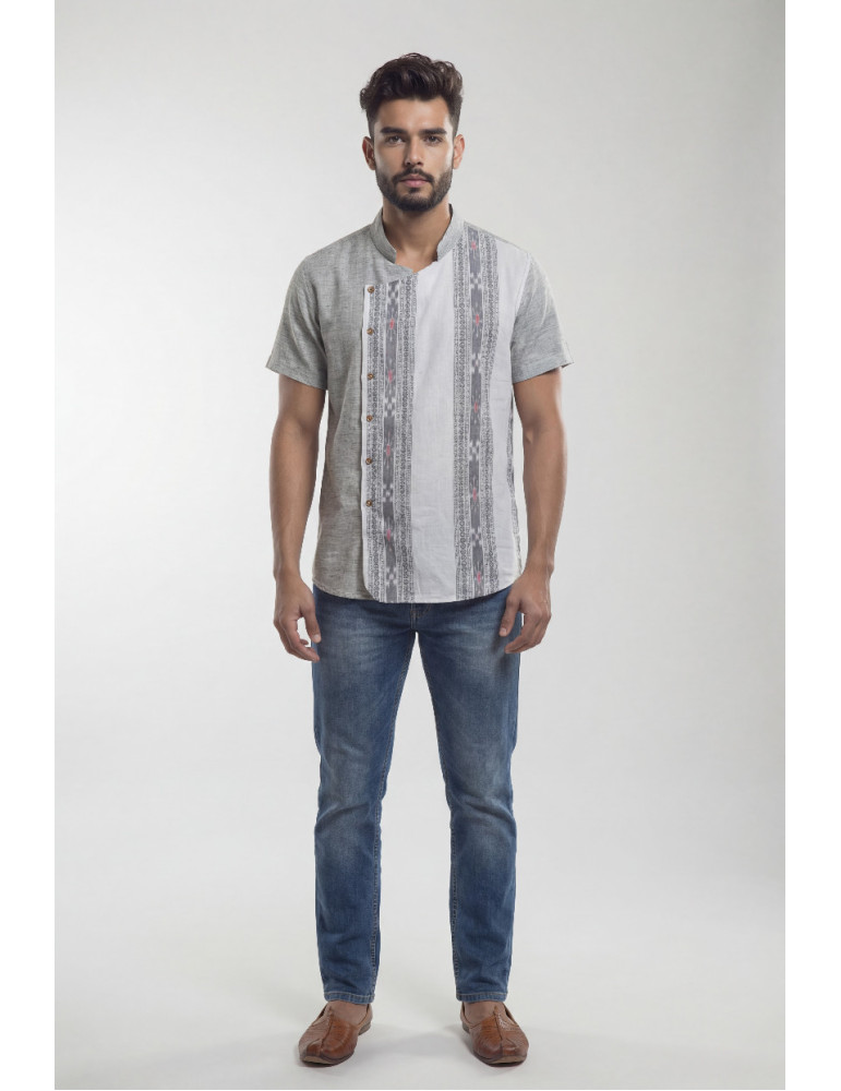 Men Grey White Cotton Handloom Designer Shirt