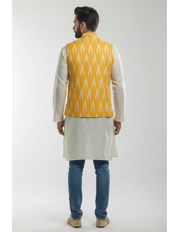 Mens Waistcoat Pure Ikkat Cotton Yellow Orange Color