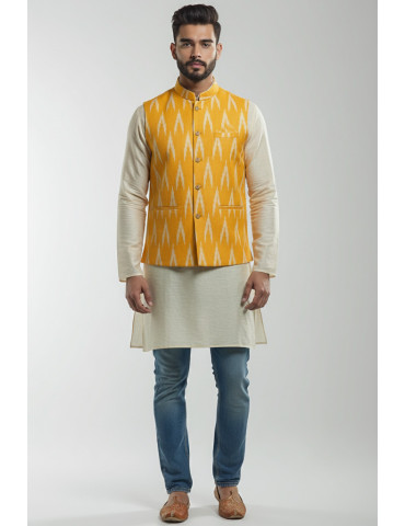 Mens Waistcoat Pure Ikkat Cotton Yellow Orange Color