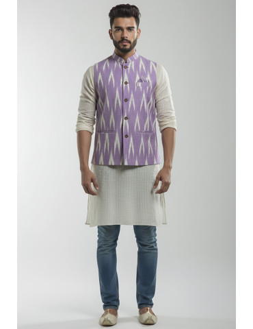 Mens Waistcoat Pure Ikkat Cotton Light Purple Color