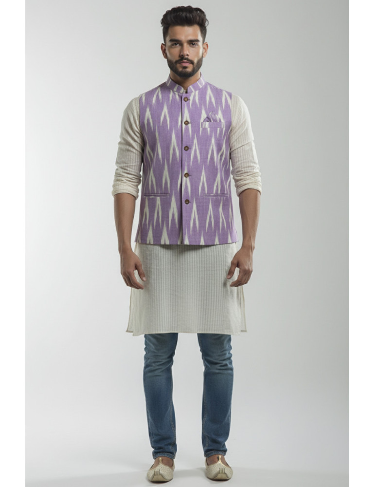 Mens Waistcoat Pure Ikkat Cotton Light Purple Color
