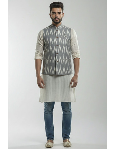 Mens Waistcoat Pure Ikkat Cotton Grey Color