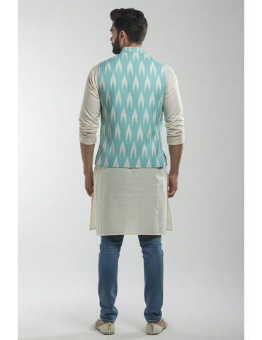 Mens Waistcoat Pure Ikkat Cotton Light Teal Color