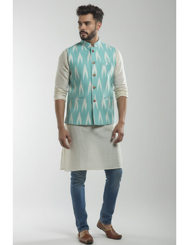 Mens Waistcoat Pure Ikkat Cotton Light Teal Color