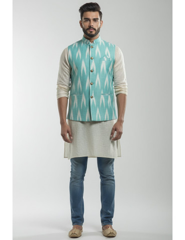 Mens Waistcoat Pure Ikkat Cotton Light Teal Color