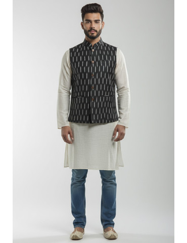 Mens Waistcoat Pure Ikkat Cotton Black Color