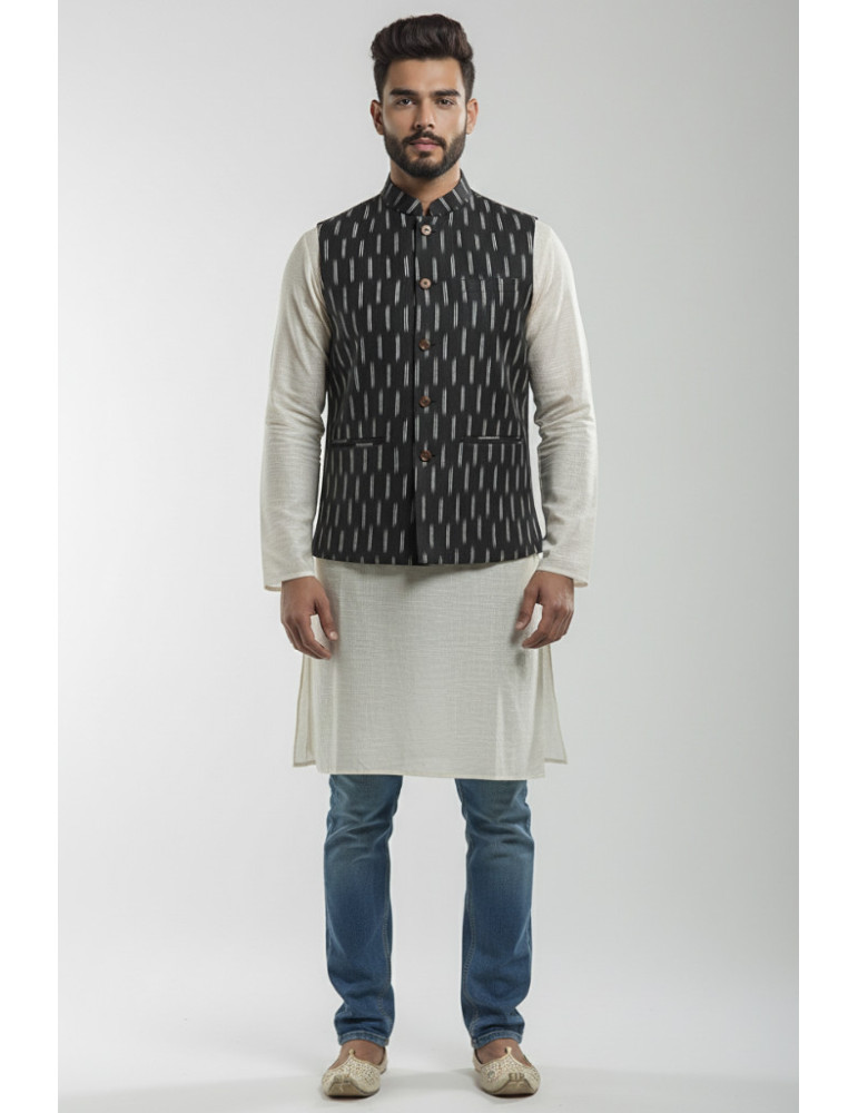Mens Waistcoat Pure Ikkat Cotton Black Color
