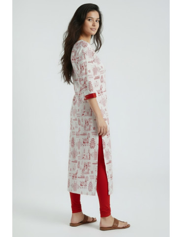 White Red Soft Khadi Cotton Block Tribal  Print Kurti