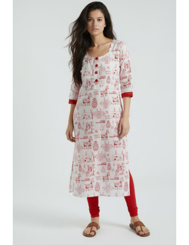White Red Soft Khadi Cotton Block Tribal  Print Kurti
