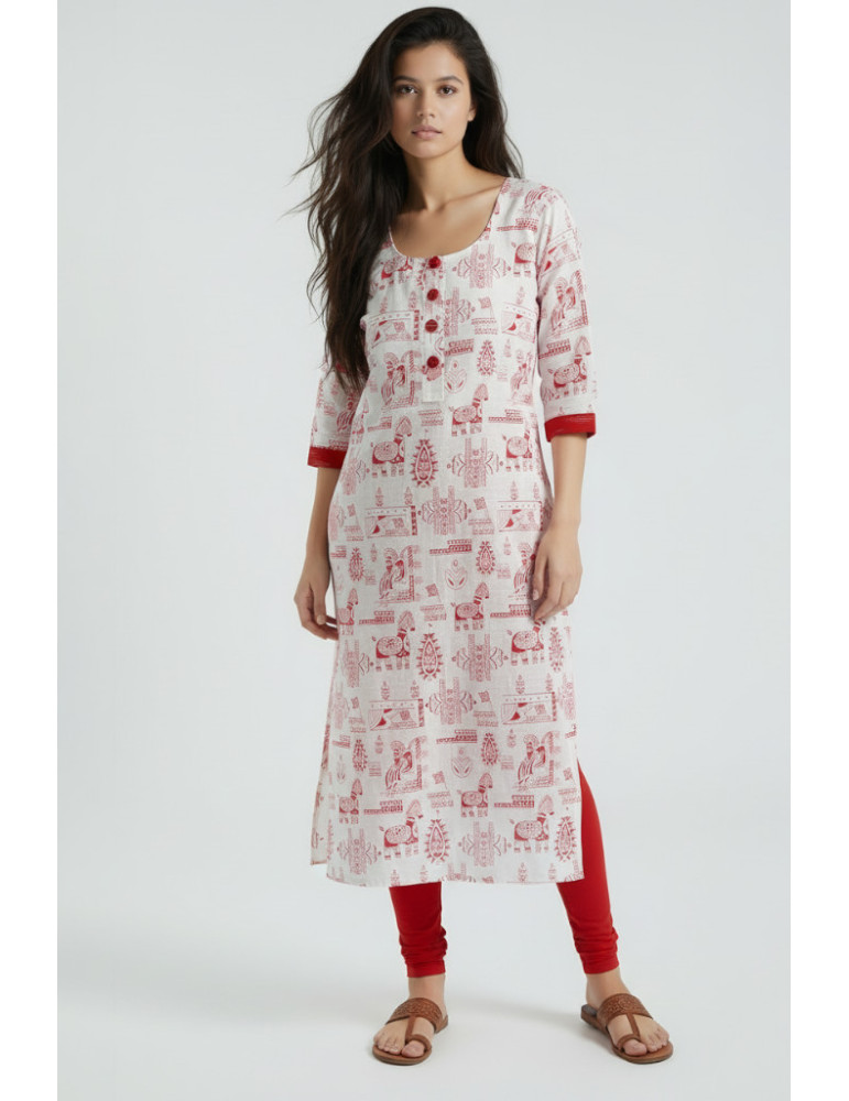 White Red Soft Khadi Cotton Block Tribal  Print Kurti