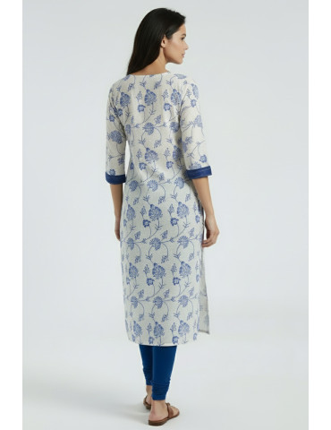 Yamini Soft Khadi Cotton Blue Block Print White Floral Kurta