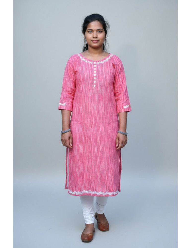 Khadi Cotton Hand Painted Peach Pink Kurti