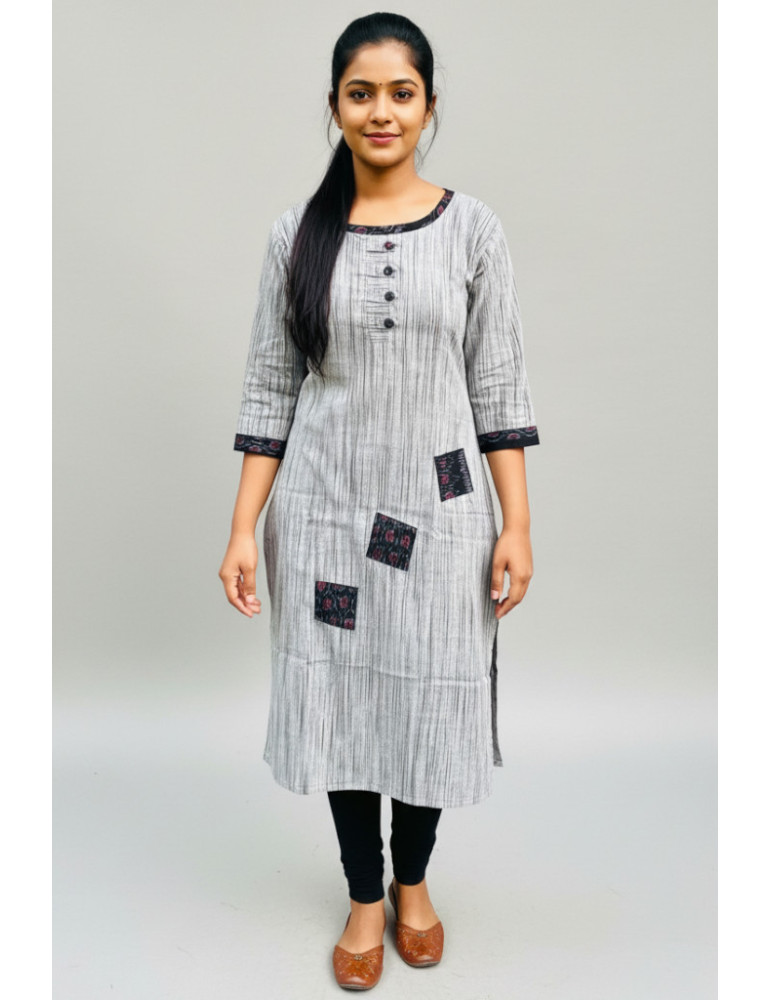 Khadi Sambalpuri Patch Kurti Grey Color