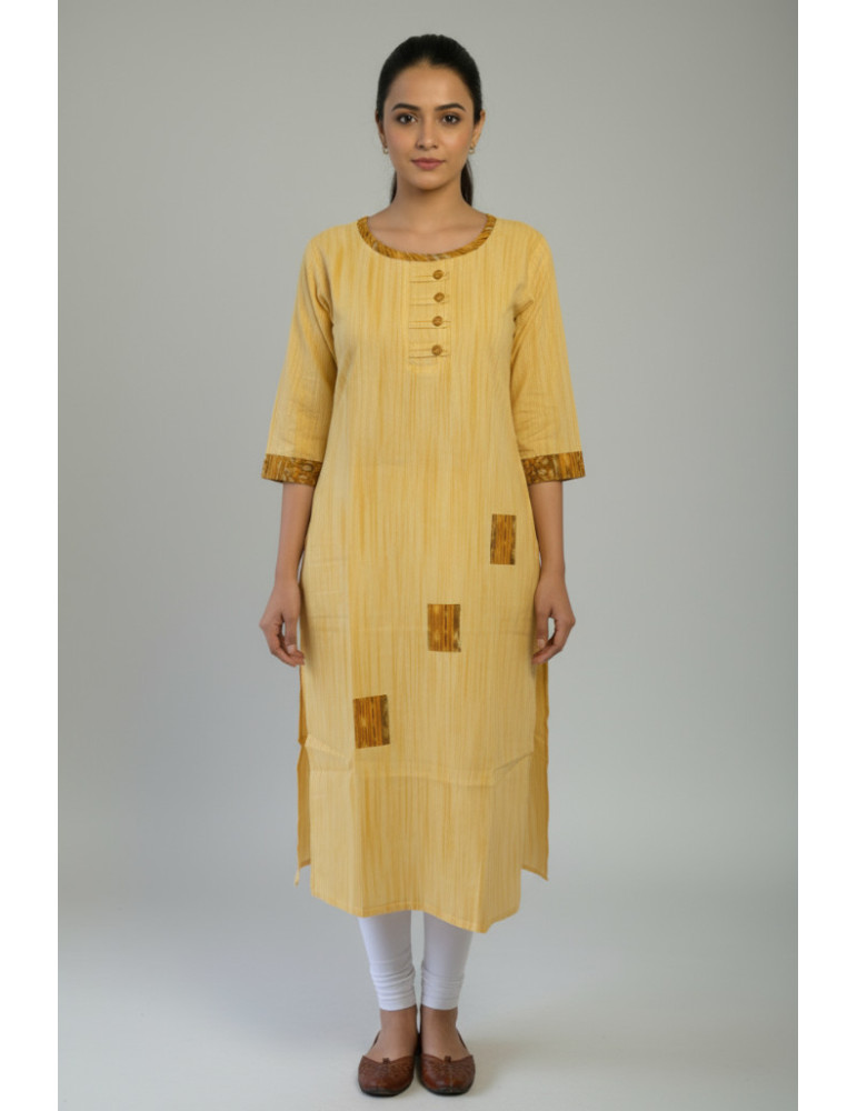 Khadi Cotton with Sambalpuri Fusion Kurti with Buttons Yellow