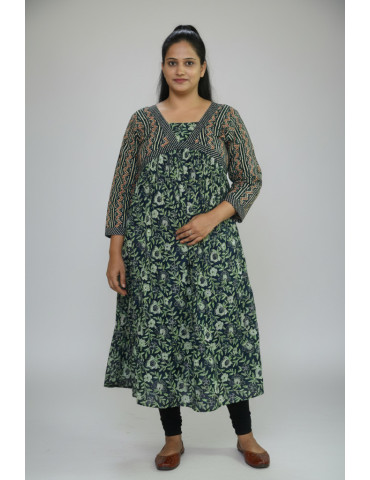 Alia Cut Sangneri print Kurti Green Color