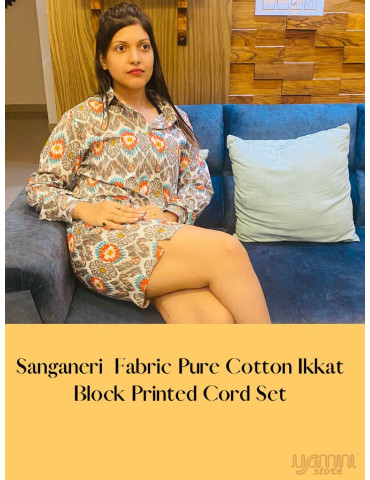 Sanganeri Fabric Pure Cotton Ikat Block Printed Cord Set
