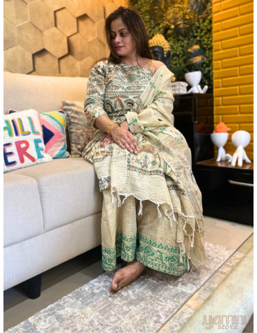 Dupion Silk Mahubani Print Single shoulder Suit Set