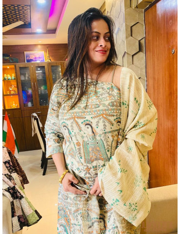 Dupion Silk Mahubani Print Single shoulder Suit Set