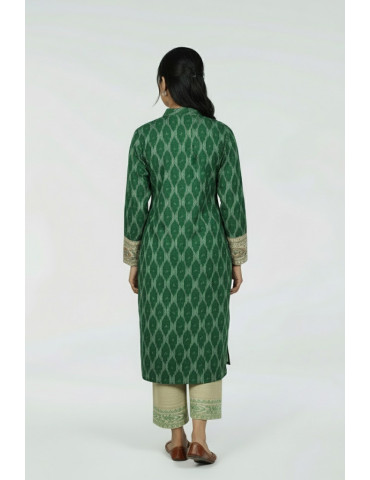 Tusser Silk Ikkat Fusion Kurti Set Tribal Green