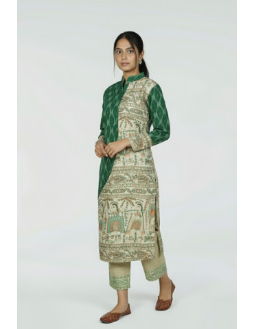 Tusser Silk Ikkat Fusion Kurti Set Tribal Green