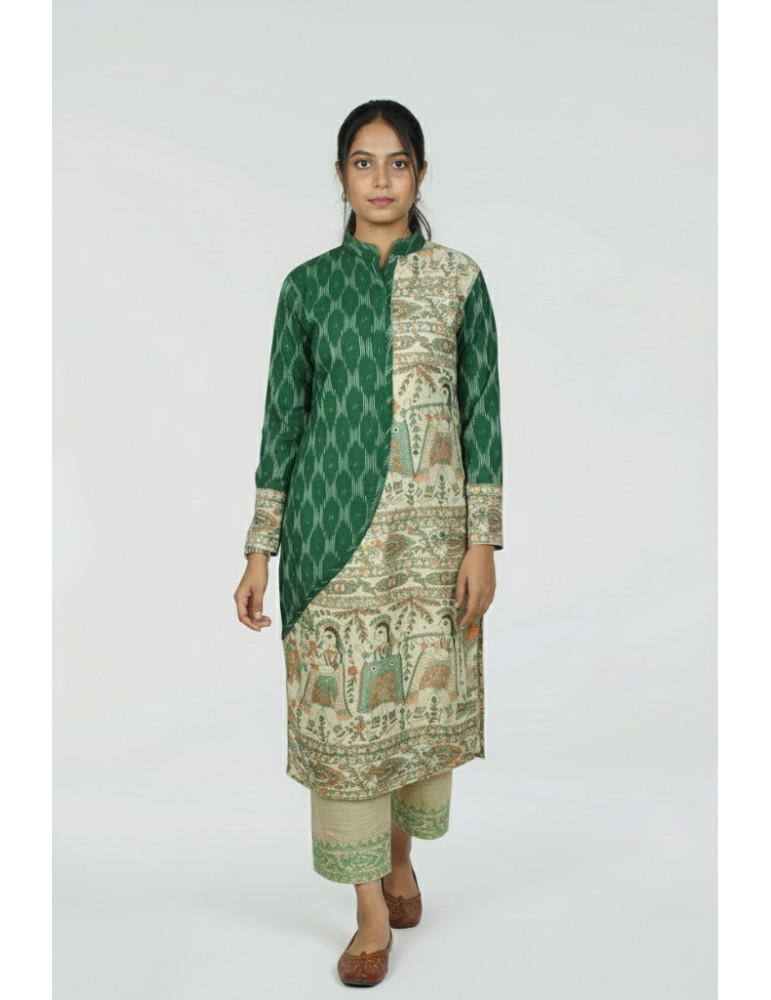 Tusser Silk Ikkat Fusion Kurti Set Tribal Green