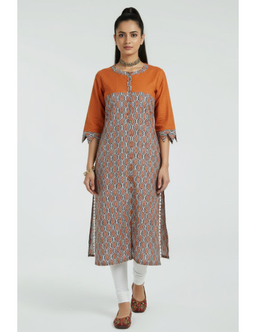 Block Print Straight Kurti Brick Brown