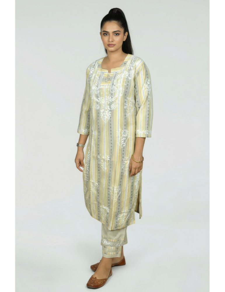 Lucknowi Stitch Pure Cotton Suit Set Yellow Grey