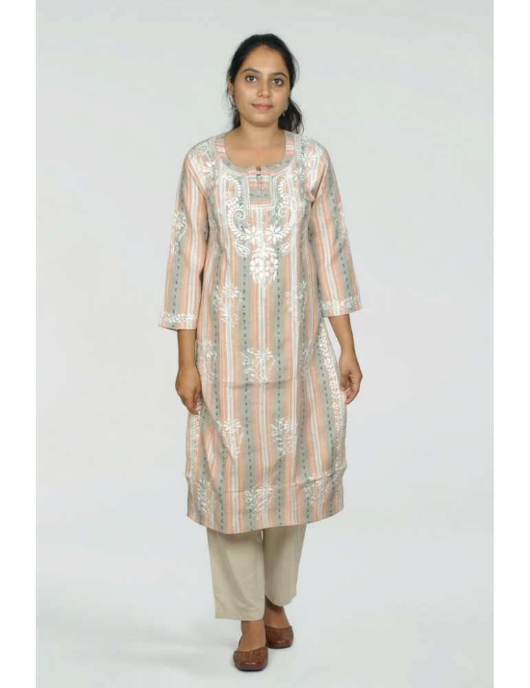 Yamini  Pure Cotton Embroidery  Suit Set Peach Grey White 