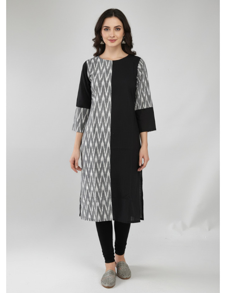 Ikkat Patch Work Black Kurti Set