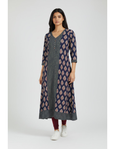 Women Navy Blue Beige Cotton Floral Long Kurta