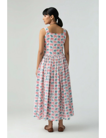 Sleeveless Elephant Block Print Cotton Gown