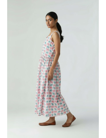 Sleeveless Elephant Block Print Cotton Gown