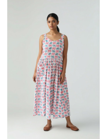 Sleeveless Elephant Block Print Cotton Gown