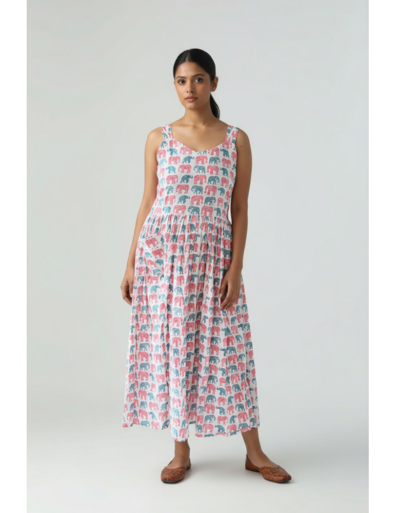 Sleeveless Elephant Block Print Cotton Gown