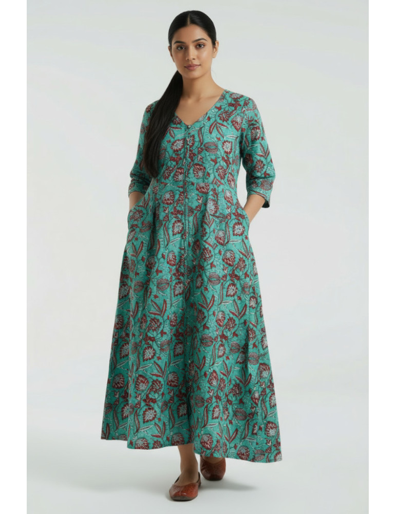 Floral Block Print Cotton Gown