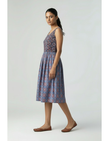 Yamini Steel Blue Sanganer Ajrakh Printed Sleeveless Cotton Gathered Kurta 