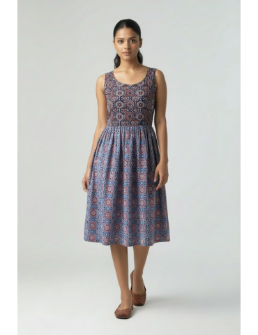 Yamini Steel Blue Sanganer Ajrakh Printed Sleeveless Cotton Gathered Kurta 