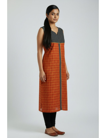 Yamini Brunt Orange Black Cotton Sleeveless  Kurta
