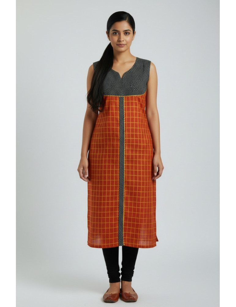 Yamini Brunt Orange Black Cotton Sleeveless  Kurta