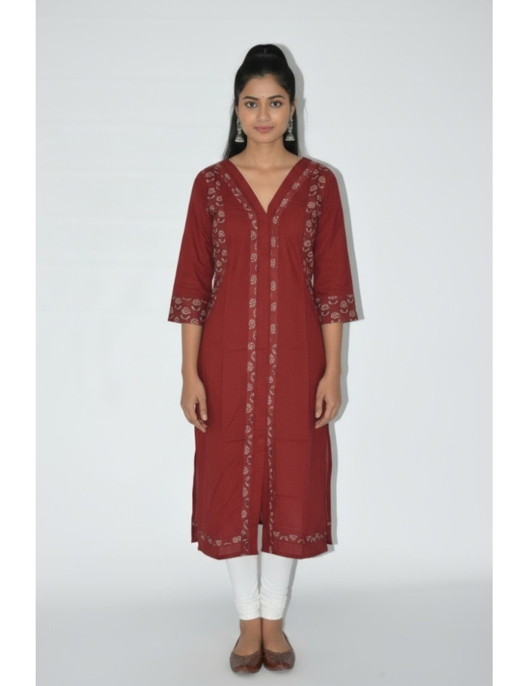 Yamini Maroon Sanganer Cotton A-Line Kurta 