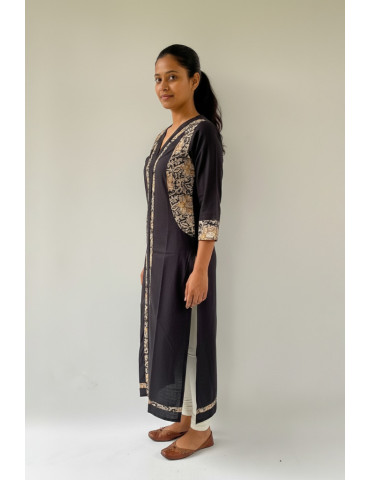 Yamini Black Cotton Kalamkari Patch  A-Line Kurta 