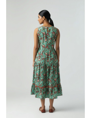 Yamini Teal Floral Sanganer Sleeveless Cotton  Anarkali Kurta