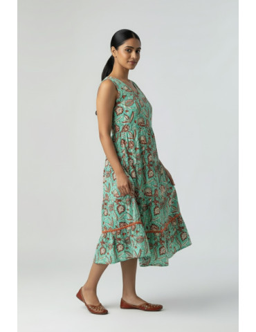 Yamini Teal Floral Sanganer Sleeveless Cotton  Anarkali Kurta