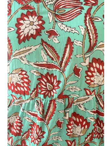 Yamini Teal Floral Sanganer Sleeveless Cotton  Anarkali Kurta