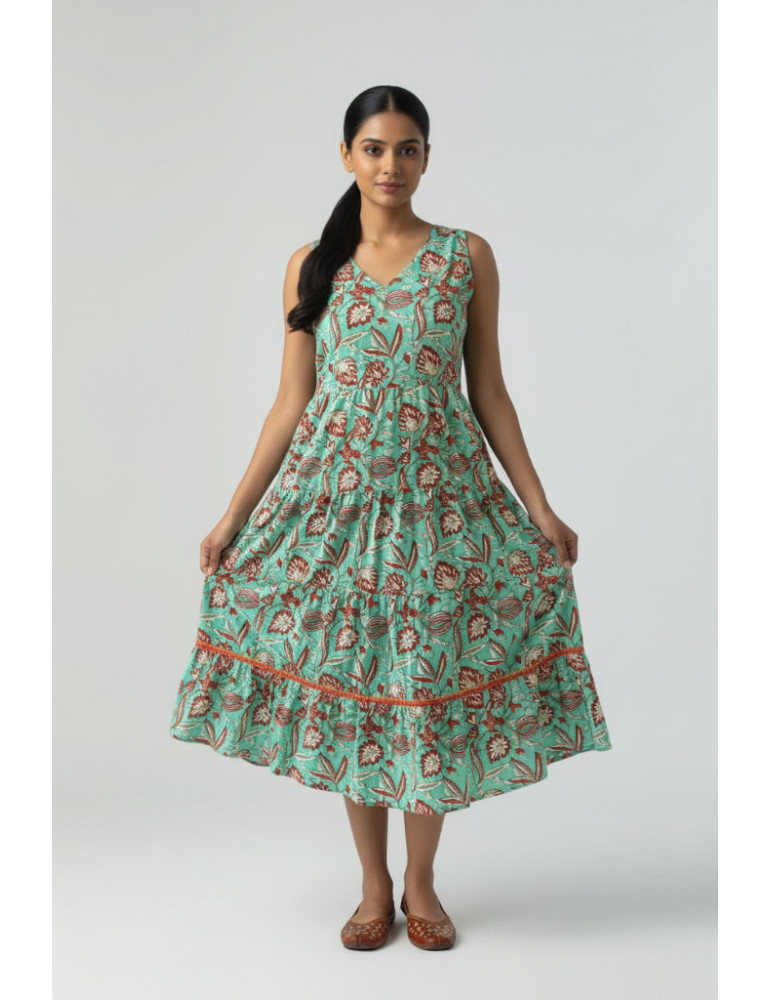 Yamini Teal Floral Sanganer Sleeveless Cotton  Anarkali Kurta